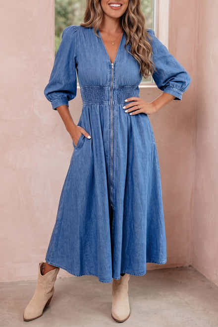 Blue V Neck Shirred Waist Metal Zipper Denim Midi Dress - Damesmode Afbeelding 1