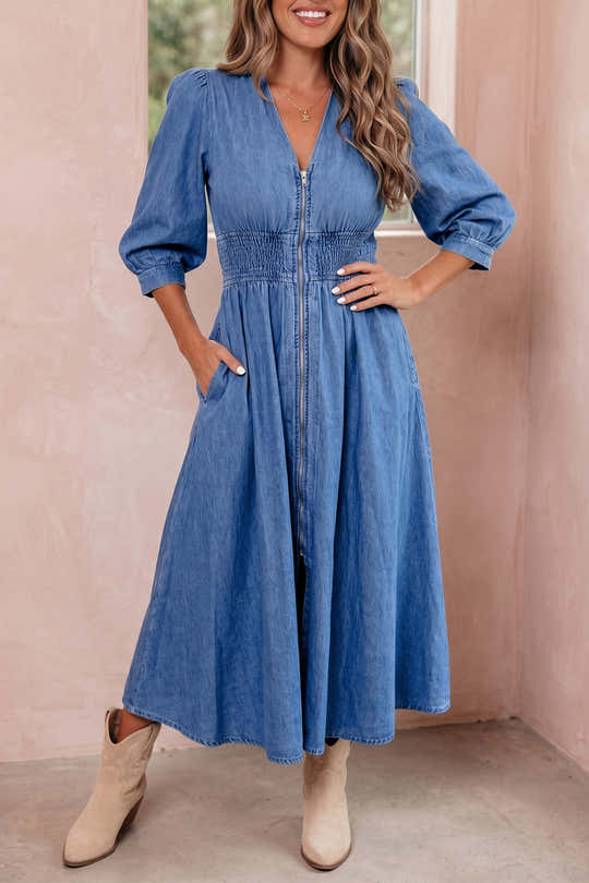 Blu con scollo a V con scilliera in vita con cerniera metallica e vestito midi in jeans - Damesmode Afbeelding 1