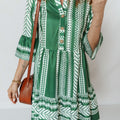 Gréng Boho Ethnesch Print Hallefknäppchen 3/4 Ärmel Casual Kleed - Foto 2