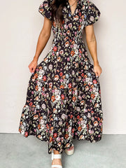 Schwarzes Blumenmuster V-Hals-Plissiertes Maxikleid – Damesmode Afbeelding 1 - Miniatuur