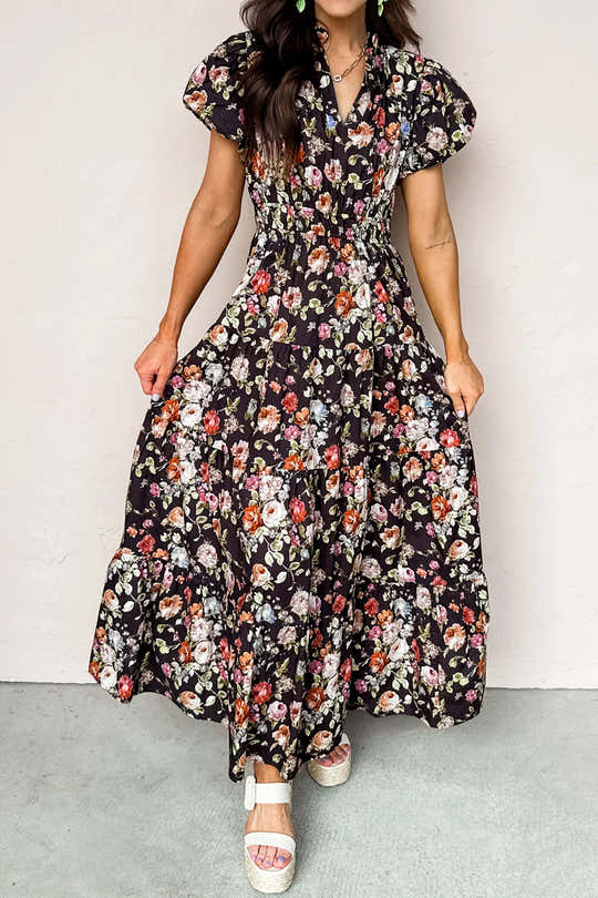 Schwarzes Blumenmuster V-Hals-Plissiertes Maxikleid – Damesmode Afbeelding 1
