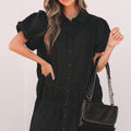 Black Shirt Style Button Down Puff Sleeve Ruffle Hem Dress - Damesmode Afbeelding 4 - Foto 4