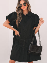 Robe chemise noire style chemise boutonnée, manches bouffantes, ourlet à volants - Image de mode féminine 4 - Miniatuur