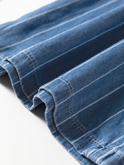 Blue Stripe Chambray Wide Leg Tied Elastic Waist Trousers - Damesmode Afbeelding 7 - Miniatuur