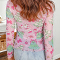 Pink Abstract Print Stand Neck Slim Fit Long Sleeve Top - Foto 2