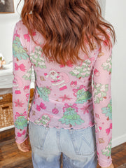 Pink Abstract Print Stand Neck Slim Fit Long Sleeve Top - Miniatuur
