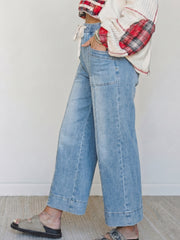 Beau Blue Drawstring Waist Wide Leg Ankle Length Jeans - Damesmode Afbeelding 3 - Miniatuur