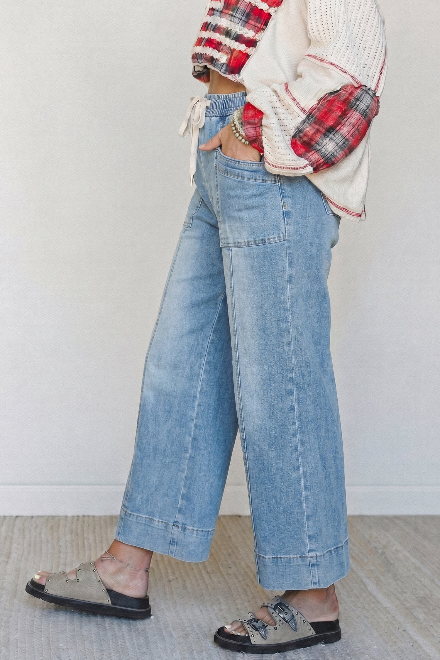 Beau Blue Drawstring Waist Wide Leg Ankle Length Jeans - Damesmode Afbeelding 3