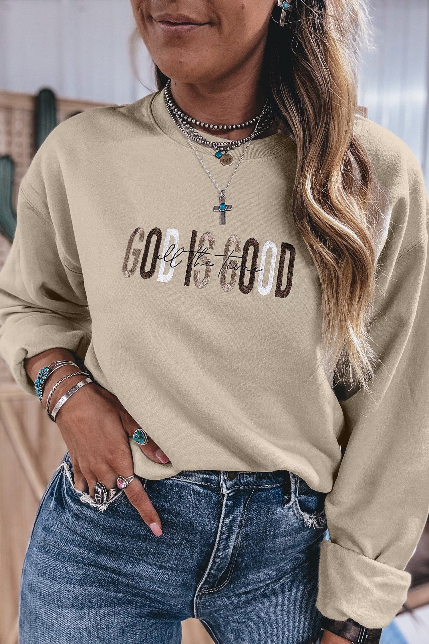 Jet Stream GOD IS GOOD Western-Pullover mit gesticktem Buchstaben und Crewneck-Pullover