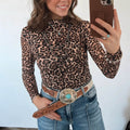Khaki Leopard Héichhals laang Ärmel Western Slim Top - Foto 4