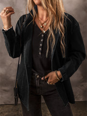 Black Side Pockets Lapel Collar Denim Jacket - Women's Fashion Image 1 - Miniatuur