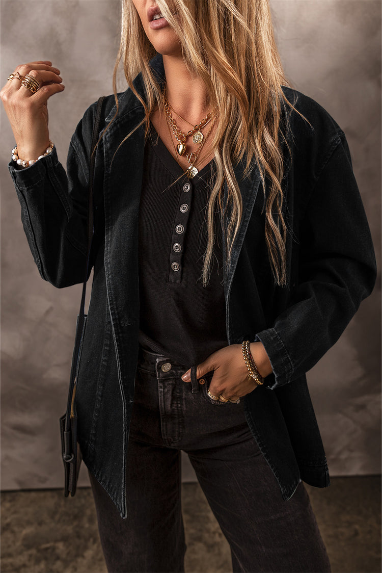 Black Side Pockets Lapel Collar Denim Jacket - Damesmode Afbeelding 1 - Damesmode