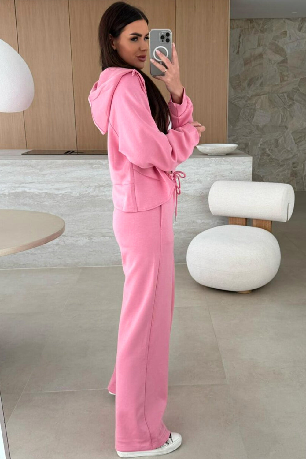 Set Pantaloni Larghi con Felpa con Zip Rosa Colore Unico