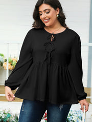Black Solid Color Bow Tie Front Long Sleeve Plus Size Peplum Blouse - Damesmode Afbeelding 7 - Miniatuur