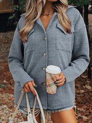 Red Sandalwood Ribbed Knit Buttons Front Flap Pocket Casual Shacket - Miniatuur