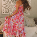 Rosa abstrakt Blummenprint mat engem eenzege Schëller Maxi-Kleed - Foto 5