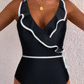 Black Color Contrast Ruffled Wrap V Neck Swimsuit - Damesmode Afbeelding 4 - Foto 4