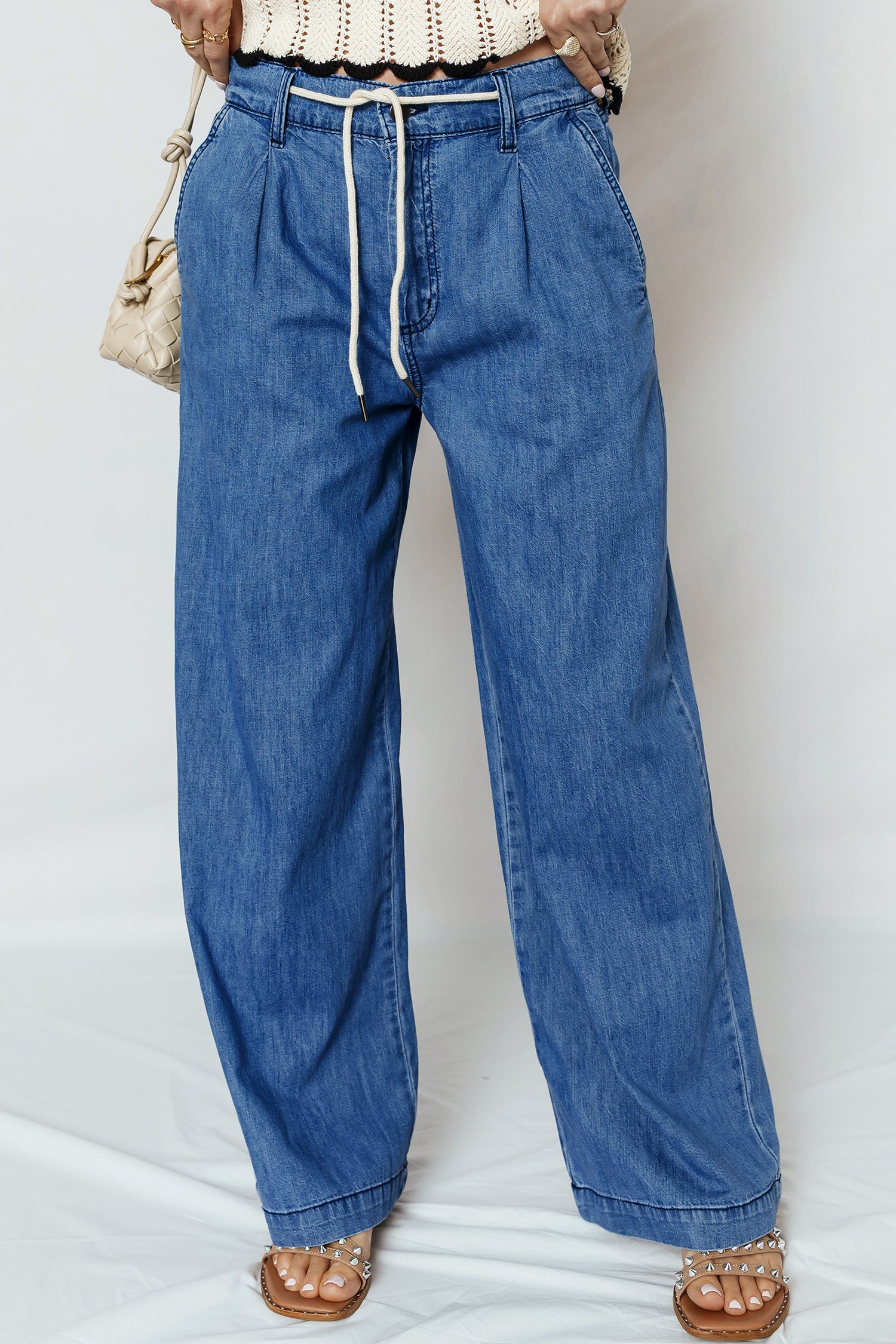 Dämmerblaue Schnürung Pull-on Wide Legs Jeans
