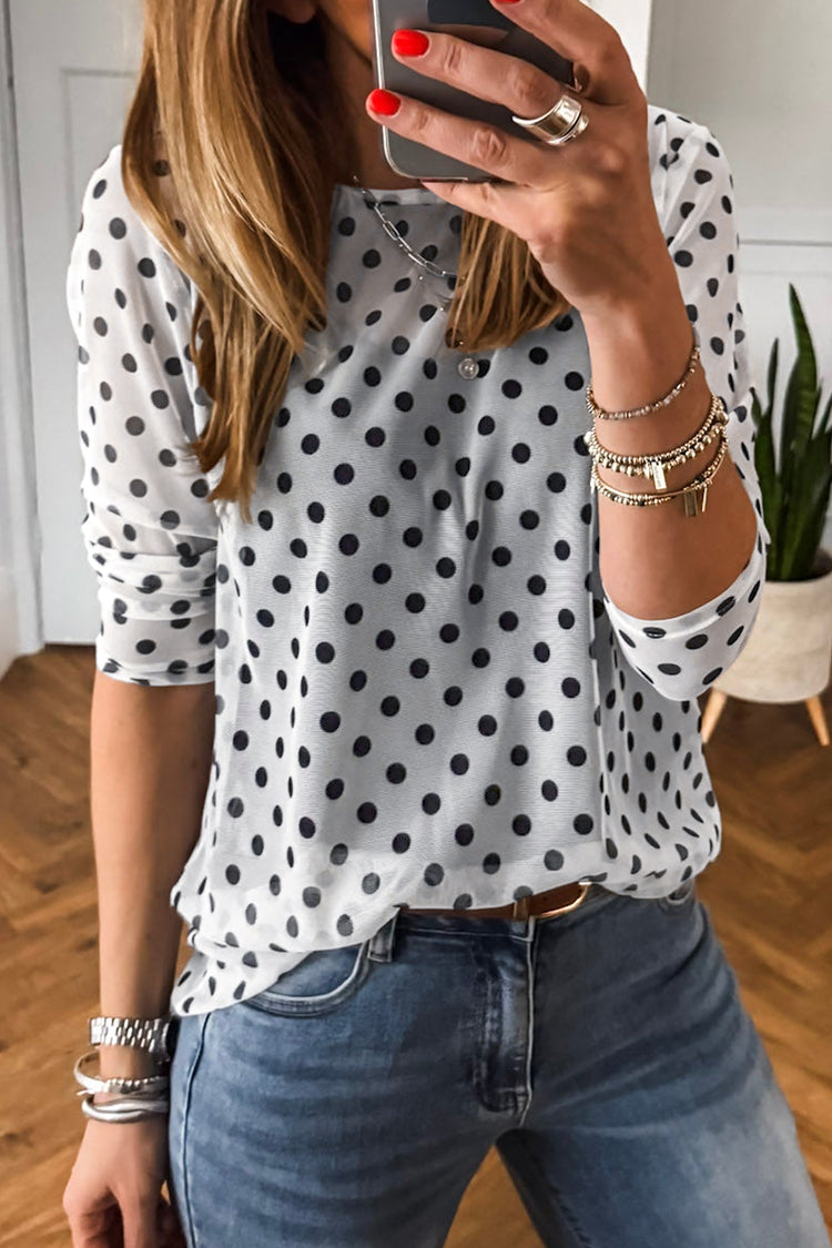 Black Polka Dot Sheer Mesh Long Sleeve Round Neck Shift Top - Damesmode Afbeelding 1 - Damesmode