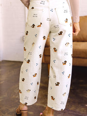 Weiße Abstract Dog Print Wide Legs Ganzlänge Jeans - Miniatuur