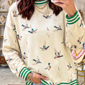 Beige Duck Print Striped Trim Cuffs Round Neck Casual Sweatshirt - Damesmode Afbeelding 1 - Foto 1