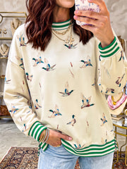 Beige Duck Print Striped Trim Cuffs Round Neck Casual Sweatshirt - Damesmode Afbeelding 1 - Miniatuur