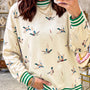 Beige Duck Print Striped Trim Cuffs Round Neck Casual Comfy Sweater