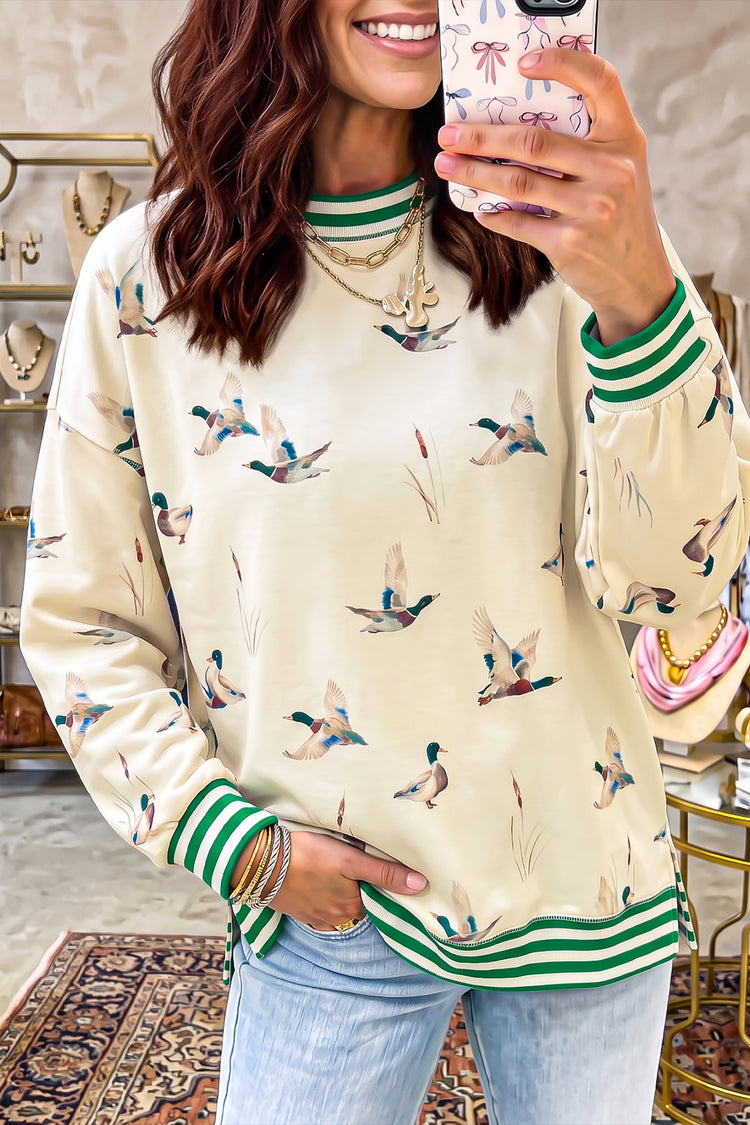 Beige Duck Print Striped Trim Cuffs Round Neck Casual Sweatshirt - Damesmode Afbeelding 1 - Damesmode