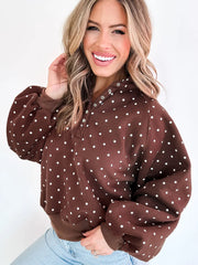 Brown Polka Dot Print Metal Button Collar Casual Pullover Sweatshirt - Miniatuur