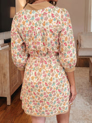 Orangefarbener Floral-Print Farbblock-Kanten-Hemd mit 3/4-Ärmeln, Mini-Gürtel-Kleid - Miniatuur