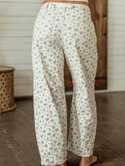 Beige Grommet Knot Waist Floral Barrel Leg Jeans - Damesmode Afbeelding 2 - Miniatuur