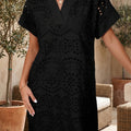 Black Solid Color Eyelet Embroidered T Shirt Mini Dress - Damesmode Afbeelding 1 - Foto 1