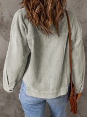 Sky Blue Raw Hem Flap Pockets Cropped Corduroy Jacket - Miniatuur
