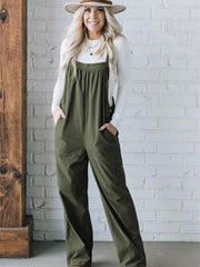Jungle Green Button Adjustable Straps Solid Color Corduroy Jumpsuit - Miniatuur