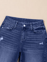 Echte türkisfarbene, gefaltete Manschetten, gerade, hoch taillengeschnittene Jeans - Miniatuur