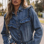 Dusk Blue Vintage Wash Denim Rüschen-Detail Hemd mit Knöpfen