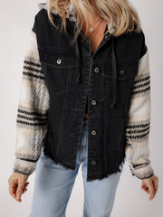Black Plaid Sleeve Frayed Hem Hooded Denim Jacket - Damesmode Afbeelding 6 - Miniatuur