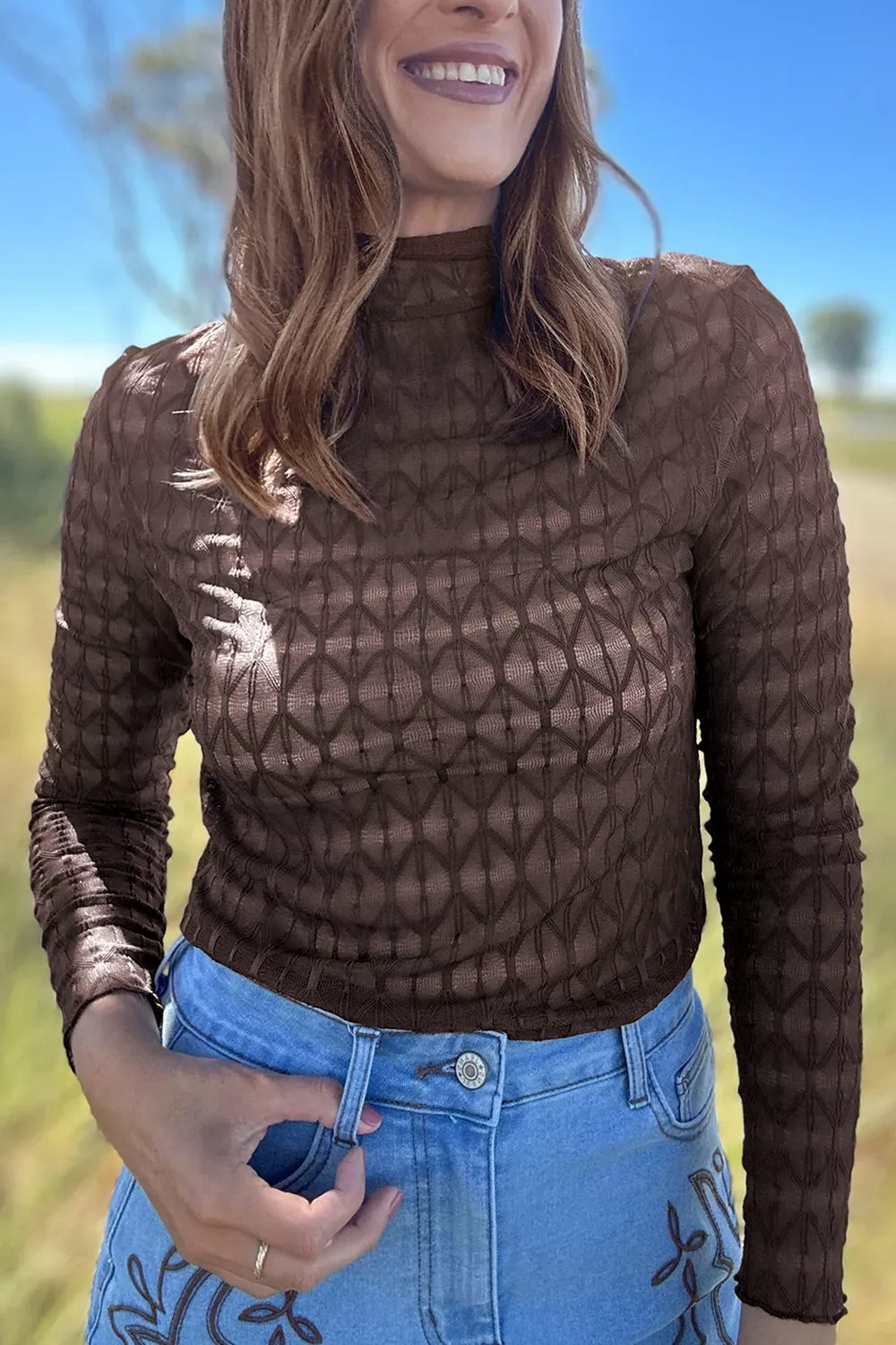 Sheer Textured Lace Stand Neck Long Sleeve Top - Mode Feminine Exclusive & Vetements | Redblad France