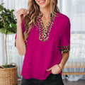 Violet Leopard Patchwork Trim Split Neck Short Sleeve Blouse - Foto 3