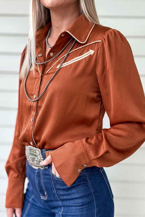 Cinnamon Silky Long Sleeve Button Front Western Fashion Shirt - Detail