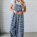 Blue Vintage Rose Printed Pleated Loose Denim Overall Jumpsuit - Damesmode Afbeelding 4 - Foto 4