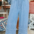 Dusk Blue Ruffled Hem Wide Leg Chambray Pants - Foto 6