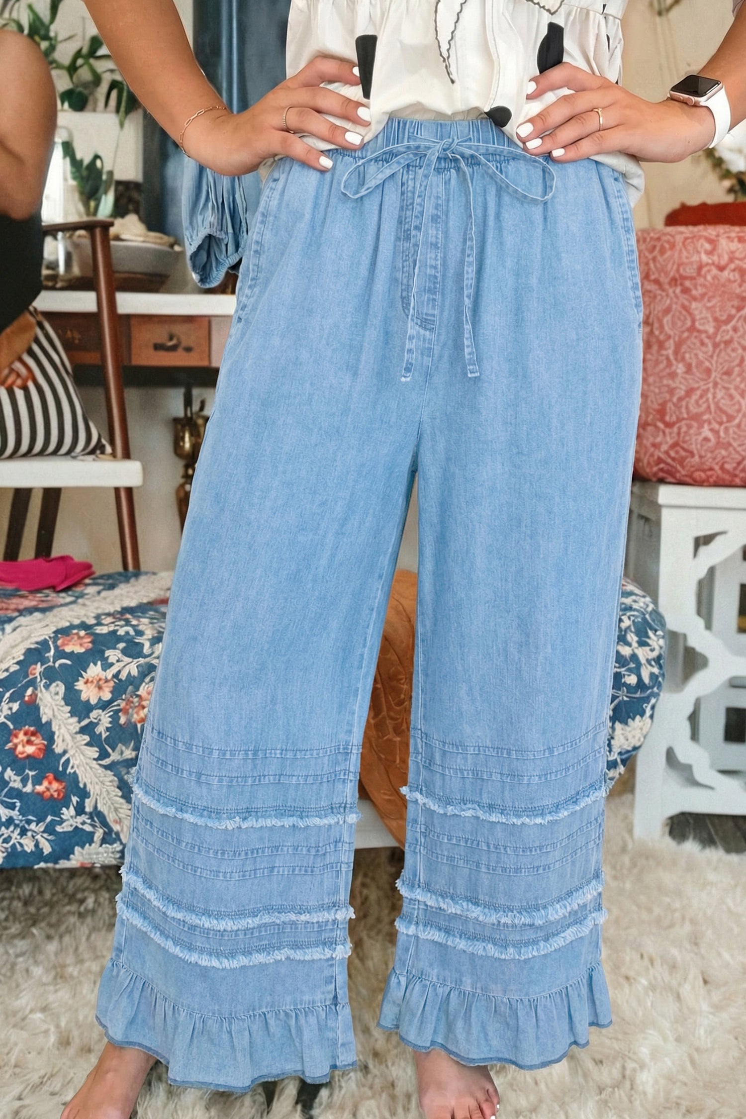 Pantaloni Chambray Chambray blu crepuscolo con orlo arricciato e gamba larga