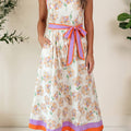 Wäiss Blummenprint Faarfblock-Trim Gürtel-Ärmellos Maxi-Kleed - Foto 1