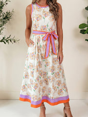 White Floral Print Color Block Trim Belted Sleeveless Maxi Dress - Miniatuur