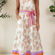 Wäiss Blummenprint Faarfblock-Trim Gürtel-Ärmellos Maxi-Kleed
