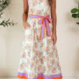 White Floral Print Color Block Trim Belted Sleeveless Maxi Dress