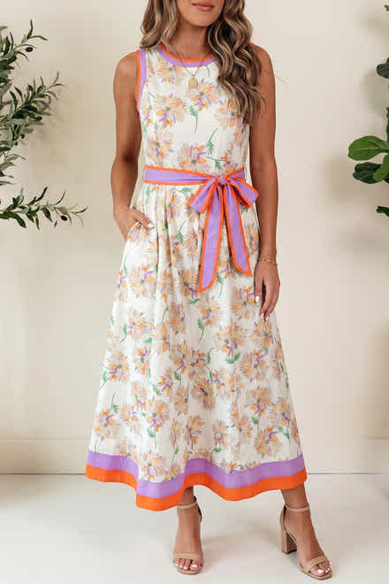 White Floral Print Color Block Trim Belted Sleeveless Maxi Dress
