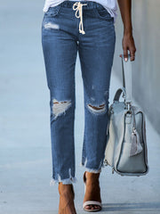 Dark Blue Elastic Waist Straight Leg Destroyed Raw Hem Jeans - Miniatuur
