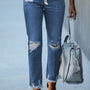 Dark Blue Elastic Waist Straight Leg Destroyed Raw Hem Jeans